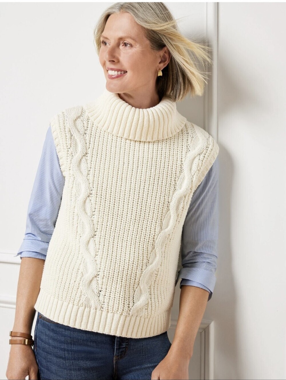 Talbots Petite Ivory Cable Knit Detachable Cowl Neck Sweater Vest M Cotton Blend